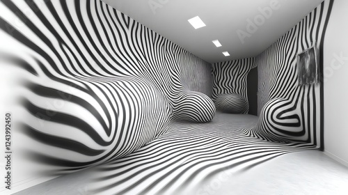 Black and white striped hallway illusion art