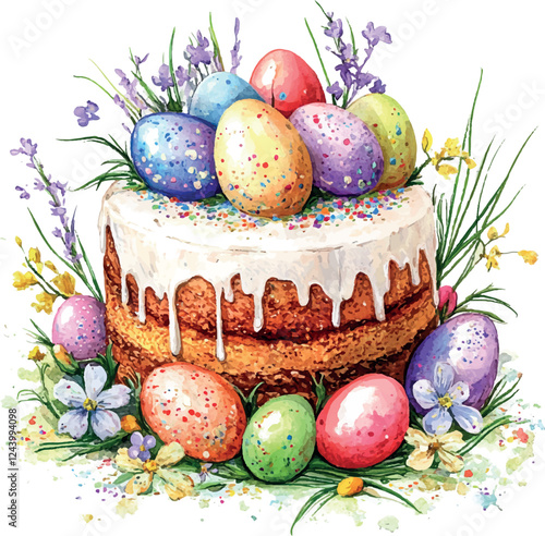 Watercolor Easter cake with flowers and colored eggs