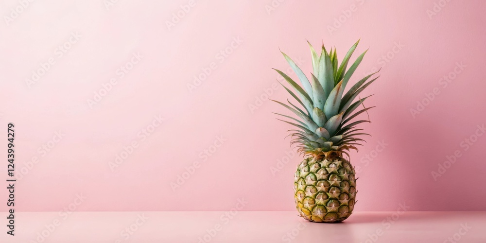 Fototapeta premium A single pineapple on a pink surface against a pink background