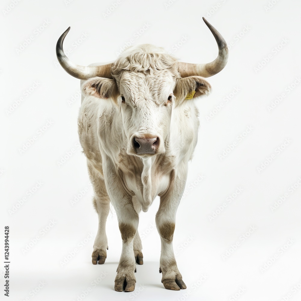 Naklejka premium Cow isolated on white, black and white looking, pink nose, swinging tail in front of a blue sky