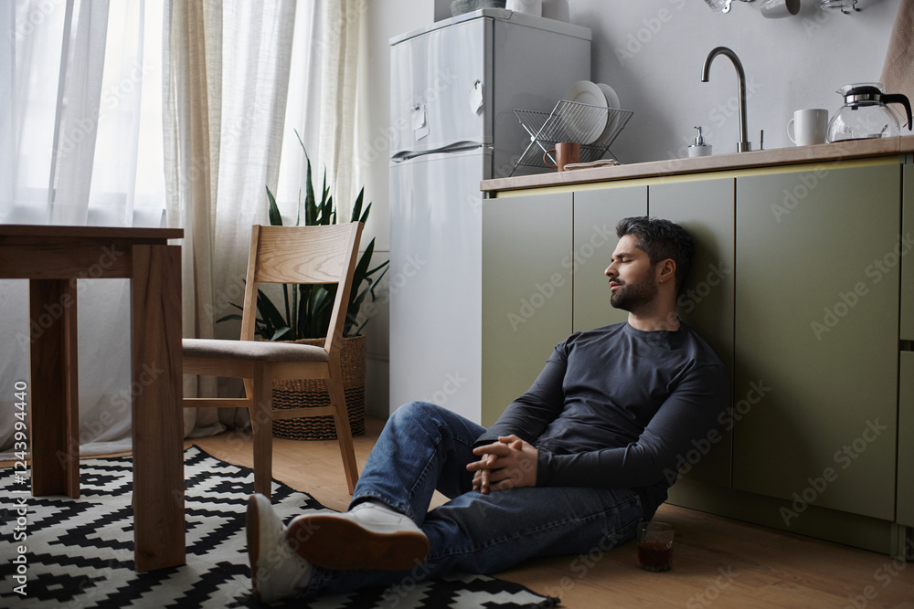 Handsome man sitting on kitchen floor reflecting on life in a cozy, modern apartment setting Handsome man sitting on kitchen floor reflecting on life in a cozy, modern apartment setting