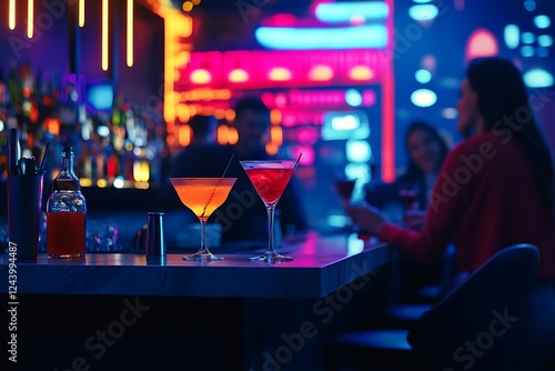 there are two glasses of alcohol sitting on a bar with people in the background