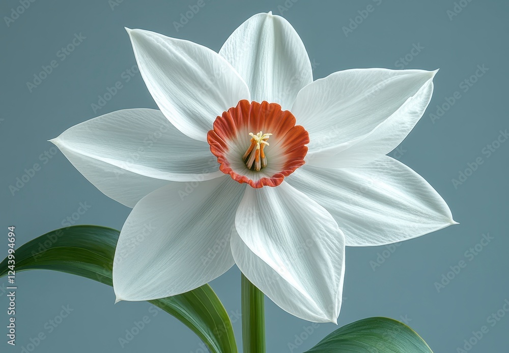 Fototapeta premium Close up of a single white flower with a reddish brown center against a muted blue gray background. The petals are delicate and slightly textured