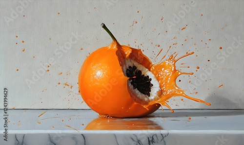 Exploding Granadilla fruit, juice splash, kitchen counter, still life, food photography photo