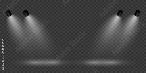 Scene with bright white light. Spotlight effect of light and podium. Vector illustration