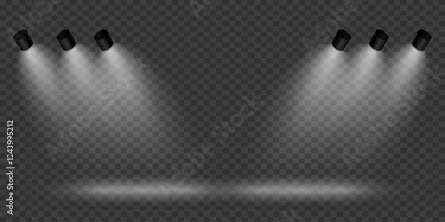 Scene with bright white light. Spotlight effect of light and podium. Vector illustration