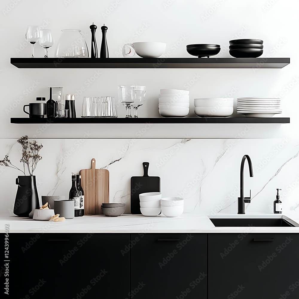 Obraz premium there are many plates and bowls on the shelves in the kitchen