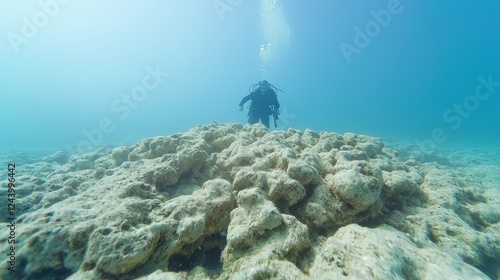 Diver exploring coral reef, underwater scene photo