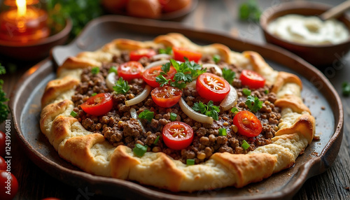 Authentic Lebanese Sfiha Pizza with Minced Lamb and Tomatoes