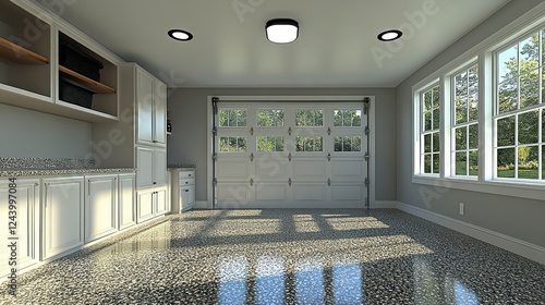 Bright garage workshop sunlight epoxy floor