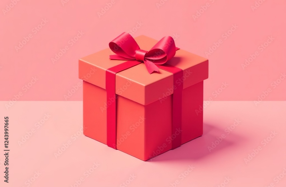 Red Gift Box with Ribbon Standing on Pink Background. AI-generated Red Gift Box with Ribbon Standing on Pink Background. AI-generated