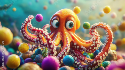 Colorful Octopus Exploring Vibrant Underwater Environment Filled With Curious Spheres During a Sunlit Afternoon