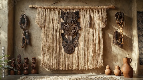 An eco-friendly space adorned with a stunning African wall hanging made from natural fibers