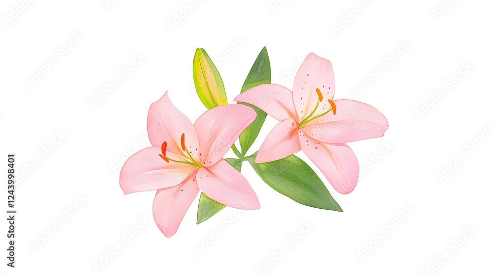 Naklejka premium Beautiful Pink Lilies with Green Leaves on White Background