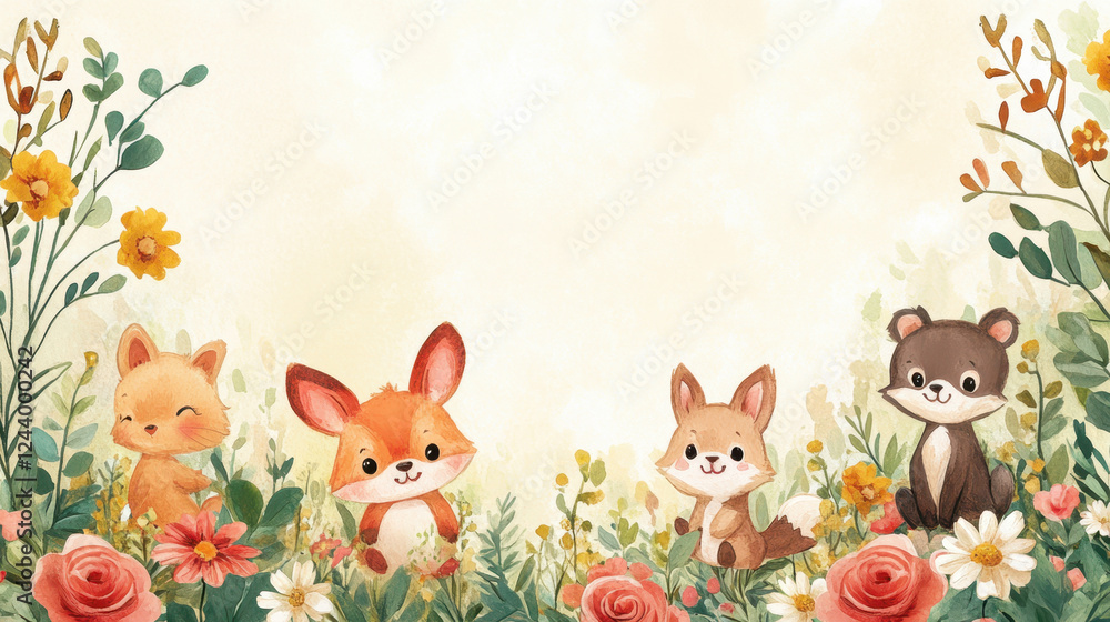 Obraz premium Cute Woodland Animals Surrounded by Colorful Flowers in a Sunny Meadow Setting