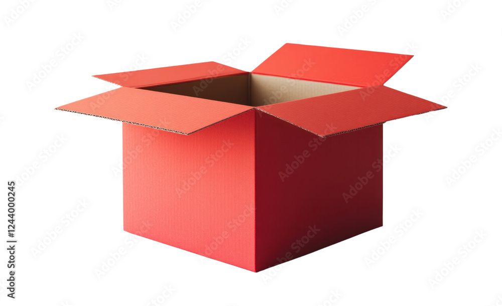 A plain red cardboard box without any text or design, positioned on a pristine white background. The box is empty and clean A plain red cardboard box without any text or design, positioned on a pristine white background. The box is empty and clean