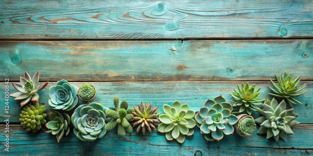 Fototapeta premium Succulents arranged on a rustic teal wooden surface create a vibrant, natural scene.