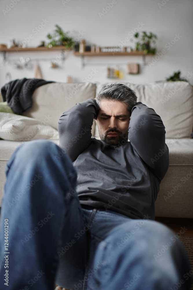 Fototapeta premium Handsome man resting in a cozy living room with a calm expression on a lazy afternoon