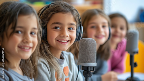 Wallpaper Mural A child-focused radio studio with small microphones, playful decorations, and kids speaking into the mic, cheerful atmosphere Torontodigital.ca