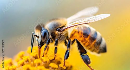 Busy honey bees gather nectar from vibrant flowers in an organic garden under the warm sunlight of spring. Their essential role in pollination supports the ecosystem and honey production.