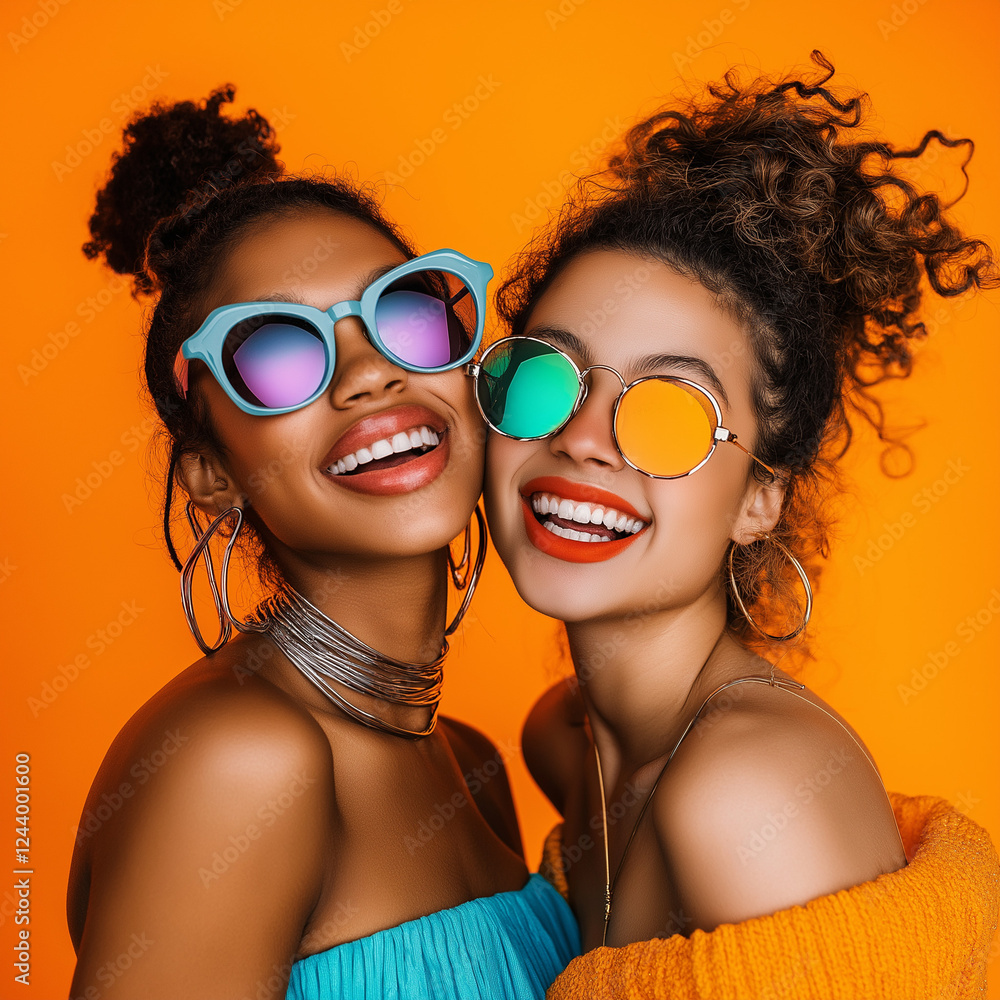 Celebrating friendship and joy two friends in colorful sunglasses bright orange background lifestyle photography fun atmosphere close-up view vibrant expressions Celebrating friendship and joy two friends in colorful sunglasses bright orange background lifestyle photography fun atmosphere close-up view vibrant expressions