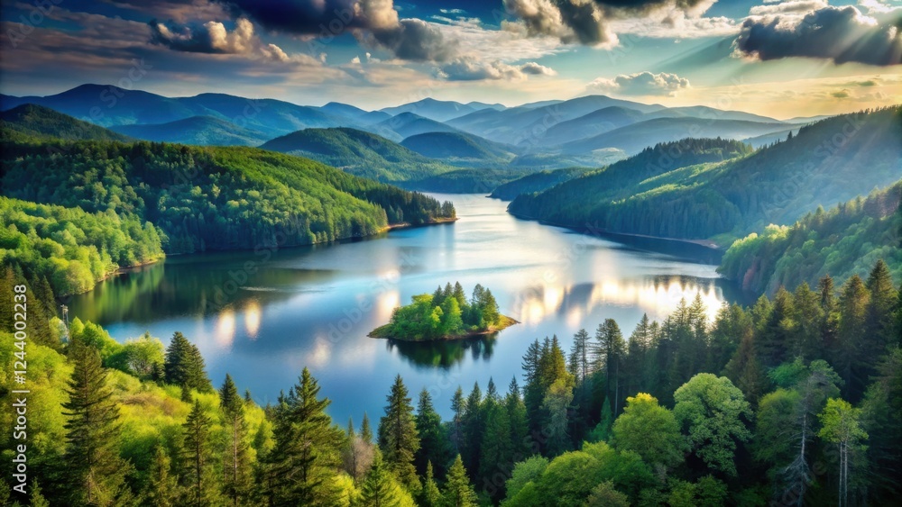 Fototapeta premium Serene Mountain Lake at Sunset with Island and Lush Forest