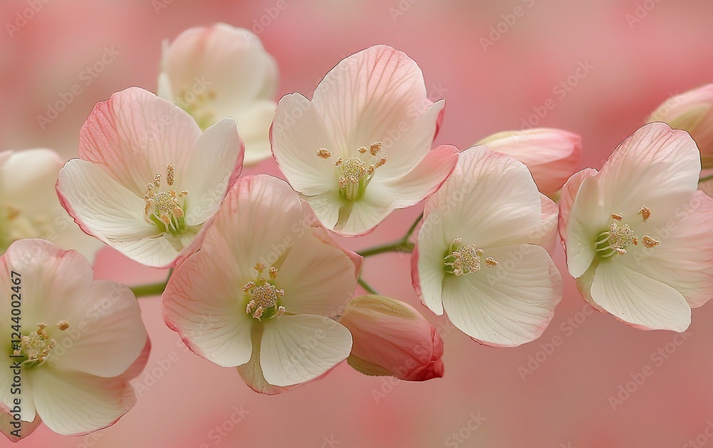 Delicate pink and white flowers on a branch. Delicate pink and white flowers on a branch.