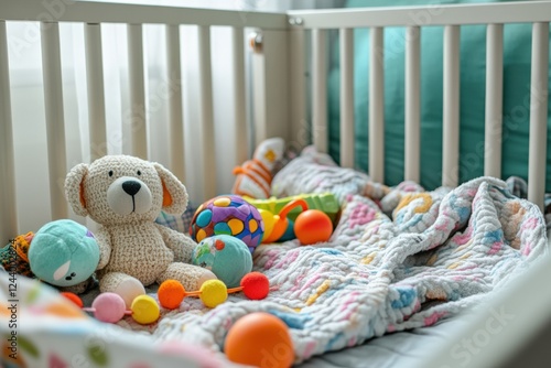Colorful toddler playpen filled with toys and a cozy blanket in a bright room during daytime. Generative AI