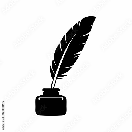 Quill and Ink Bottle Vector Silhouette.