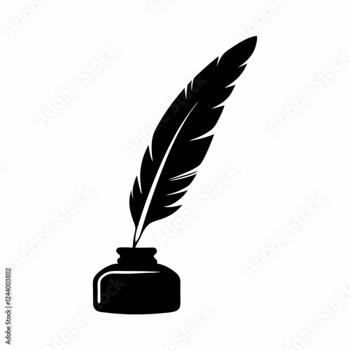 Quill and Ink Bottle Vector Silhouette.