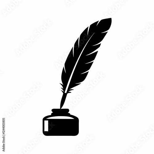 Quill and Ink Bottle Vector Silhouette.