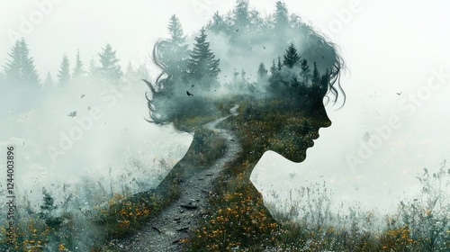 A surreal image of a woman's silhouette blended with a forest landscape, featuring a winding path surrounded by mist and flowers.