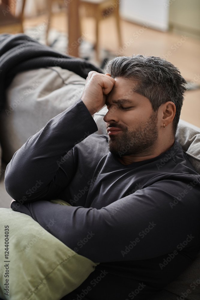 Handsome man sitting on a couch, lost in thought during a quiet afternoon at home Handsome man sitting on a couch, lost in thought during a quiet afternoon at home