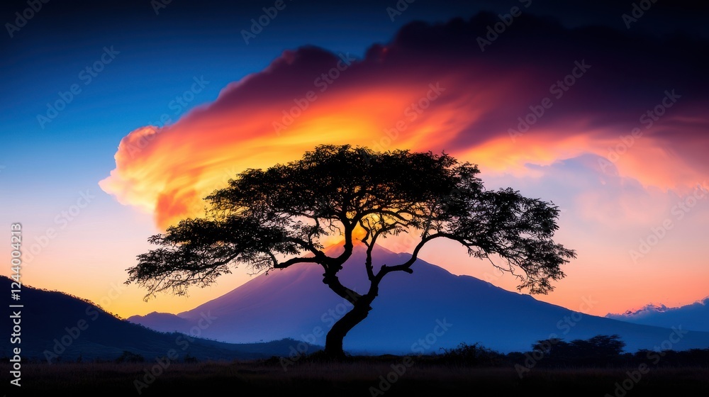 Silhouette of a Tree Against a Vibrant Sunset and Volcano Silhouette of a Tree Against a Vibrant Sunset and Volcano