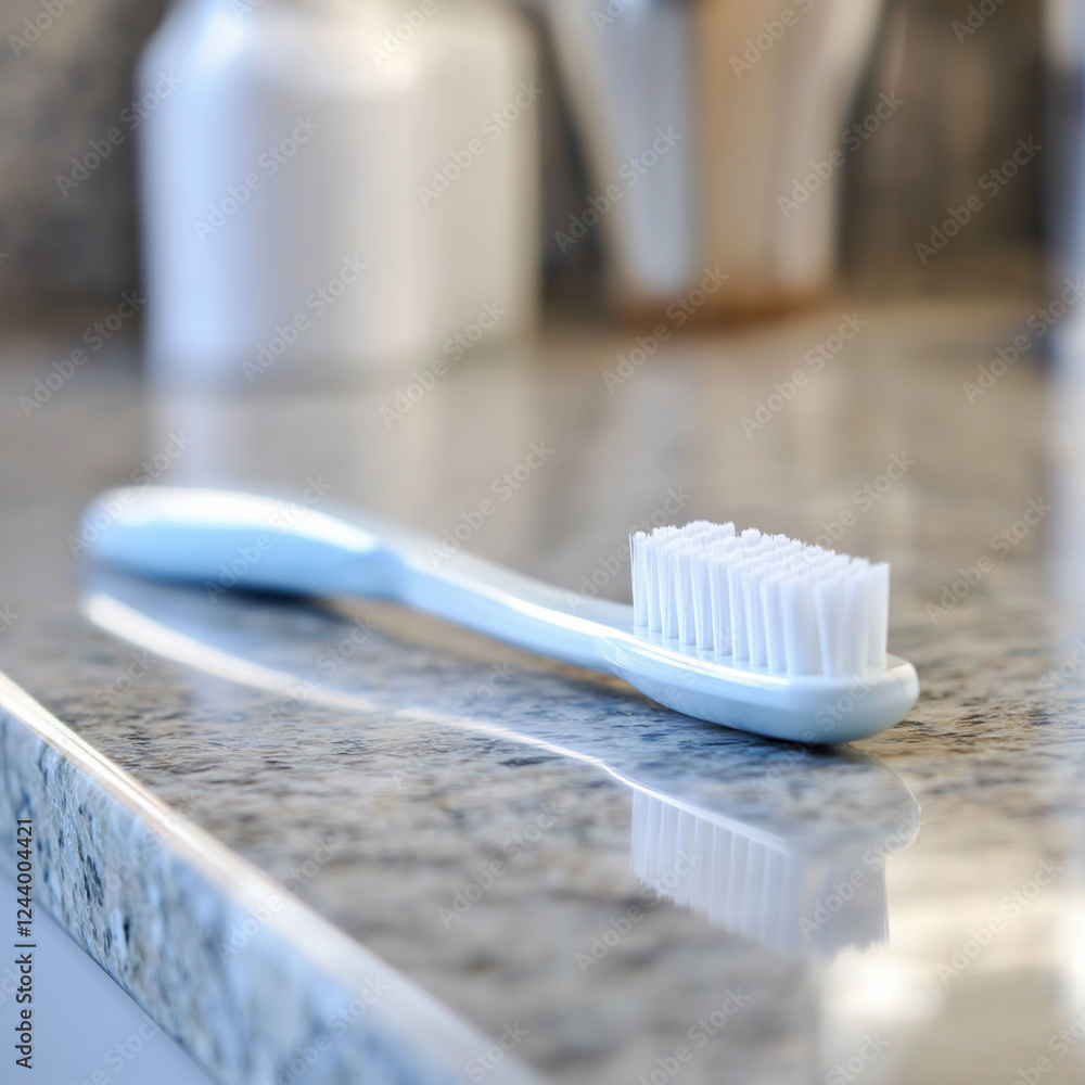 A close-up of a toothbrush and toothpaste on a countertop in a dental office, clean and minimalistic setup A close-up of a toothbrush and toothpaste on a countertop in a dental office, clean and minimalistic setup