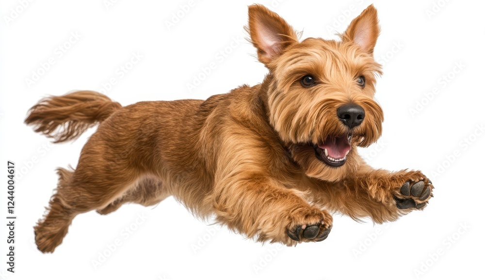 Reddish brown dog leaps playfully against a bright white background. The dog is in mid air, paws extended, and mouth open in a joyful expression Reddish brown dog leaps playfully against a bright white background. The dog is in mid air, paws extended, and mouth open in a joyful expression