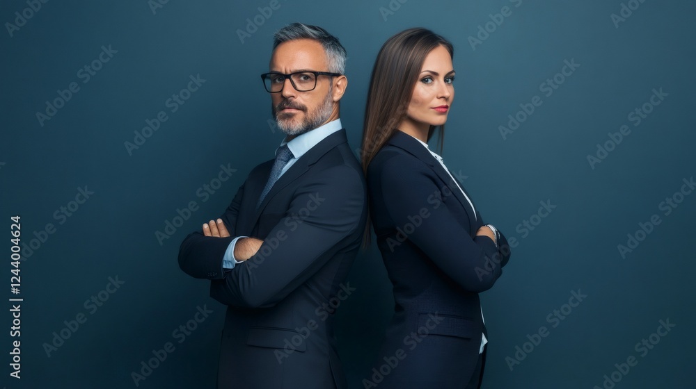 Studio shot of a serious businessman and businesswoman standing with their arms crossed back to back against a dark blue background, conveying confidence and teamwork in the business world Studio shot of a serious businessman and businesswoman standing with their arms crossed back to back against a dark blue background, conveying confidence and teamwork in the business world