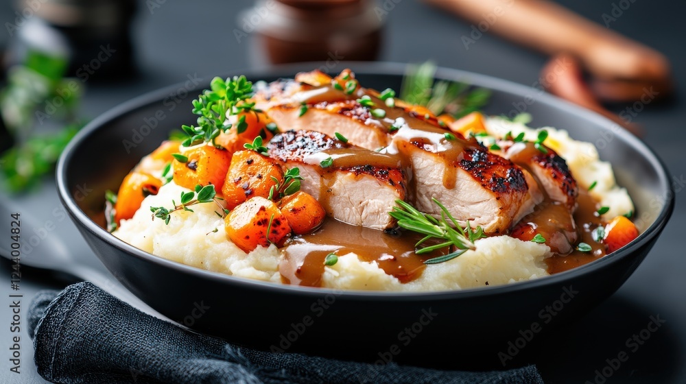 Sliced Roasted Chicken with Creamy Mashed Potatoes and Glazed Carrots in Dark Bowl Sliced Roasted Chicken with Creamy Mashed Potatoes and Glazed Carrots in Dark Bowl