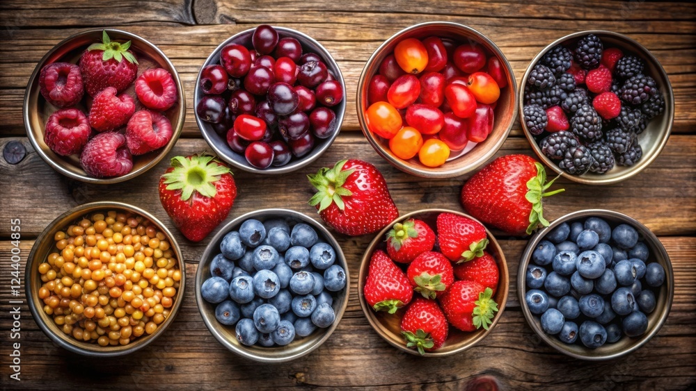 Assorted Fresh Berries and Fruits in Metal Bowls on Rustic Wooden Surface Assorted Fresh Berries and Fruits in Metal Bowls on Rustic Wooden Surface