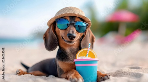 Smiling Dachshund in Sunglasses and Straw Hat Enjoys Beach Drink