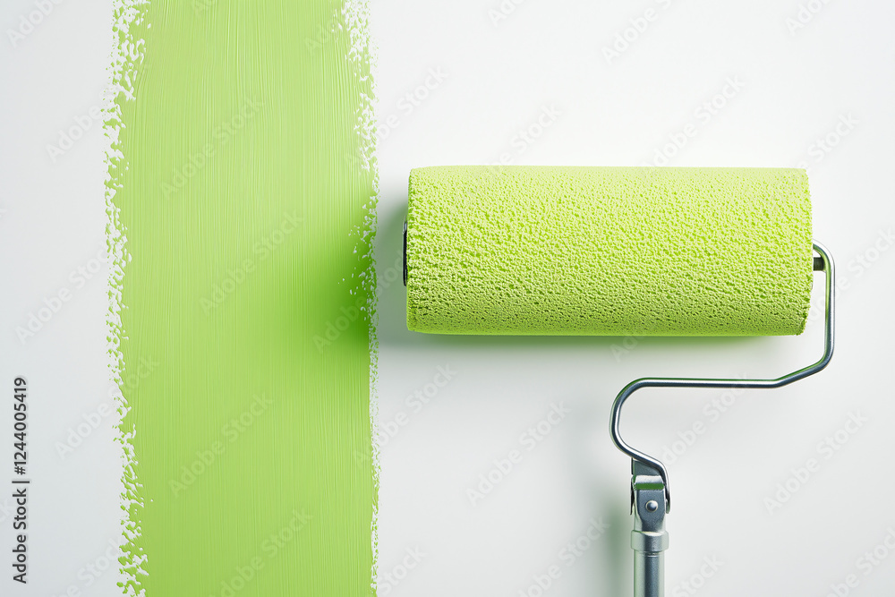 Fototapeta premium Green Paint Roller on a Wall: Close-up of a paint roller leaving a fresh, vibrant green streak on a wall, symbolizing new beginnings, revitalization, and creative projects.