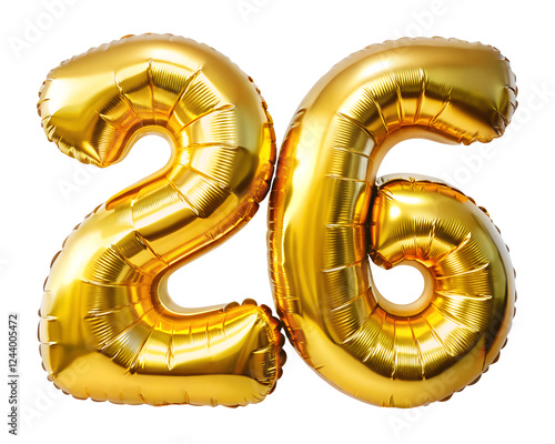 golden foil balloon for birthday party in the shape of number 26  on the white background
