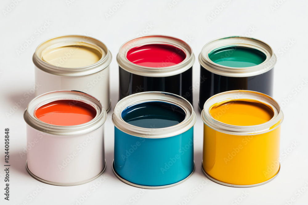 Rainbow of Paint Colors: Six vibrant paint cans in assorted colors—red, green, black, yellow, orange, and cream—arranged in a visually appealing formation, ready for a creative project. Rainbow of Paint Colors: Six vibrant paint cans in assorted colors—red, green, black, yellow, orange, and cream—arranged in a visually appealing formation, ready for a creative project.