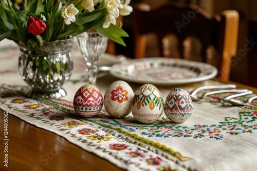 Eastern European Easter celebration features beautifully decorated eggs on a traditional holiday table. Generative AI photo