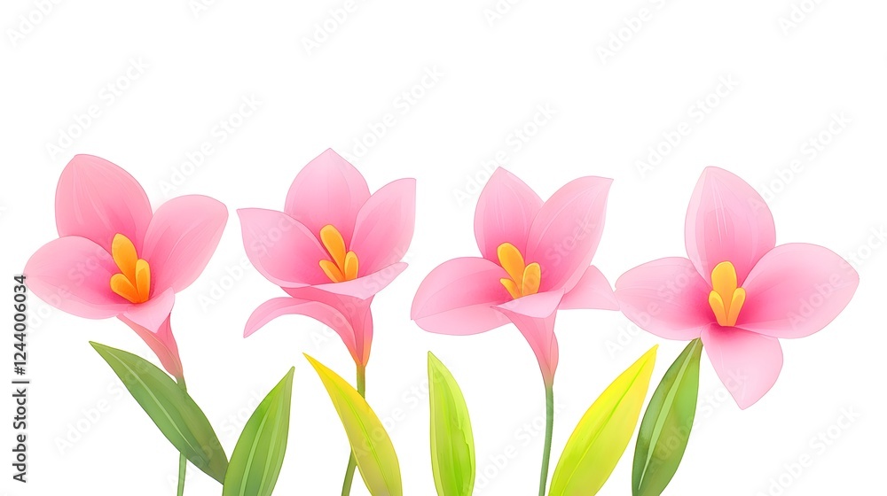 Beautiful Pink Flowers with Green Leaves on a White Background Beautiful Pink Flowers with Green Leaves on a White Background