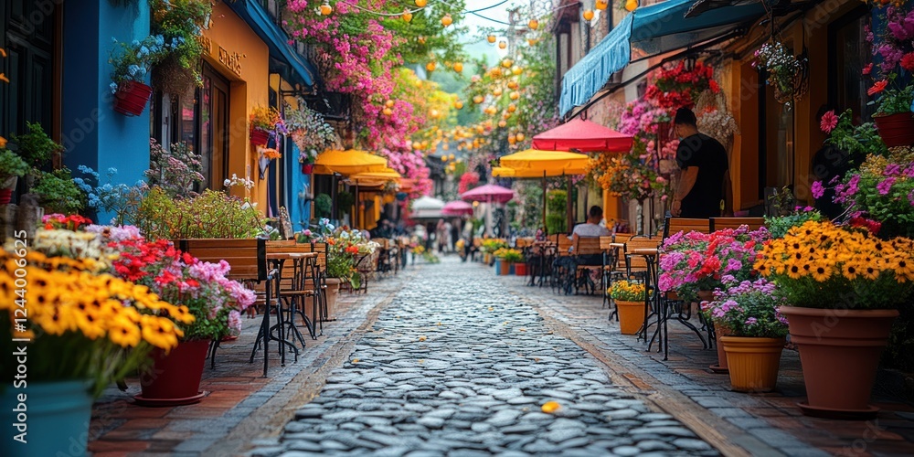 Fototapeta premium Vibrant Flower-Lined Cobblestone Street in Colorful City