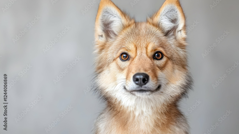 Fluffy fox-like dog portrait, grey background, pet profile Fluffy fox-like dog portrait, grey background, pet profile
