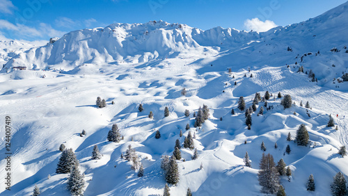 Aerial view of Skiing area of Paradiski, La Plagne, France Alpes