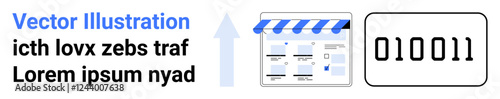 Blue-tinted e-commerce storefront with striped awning next to a digital binary code. Ideal for online shopping, digital business, data analytics, technology, binary coding, internet commerce, web