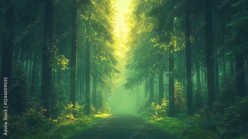 Obraz premium Misty forest path sunlight trees nature background